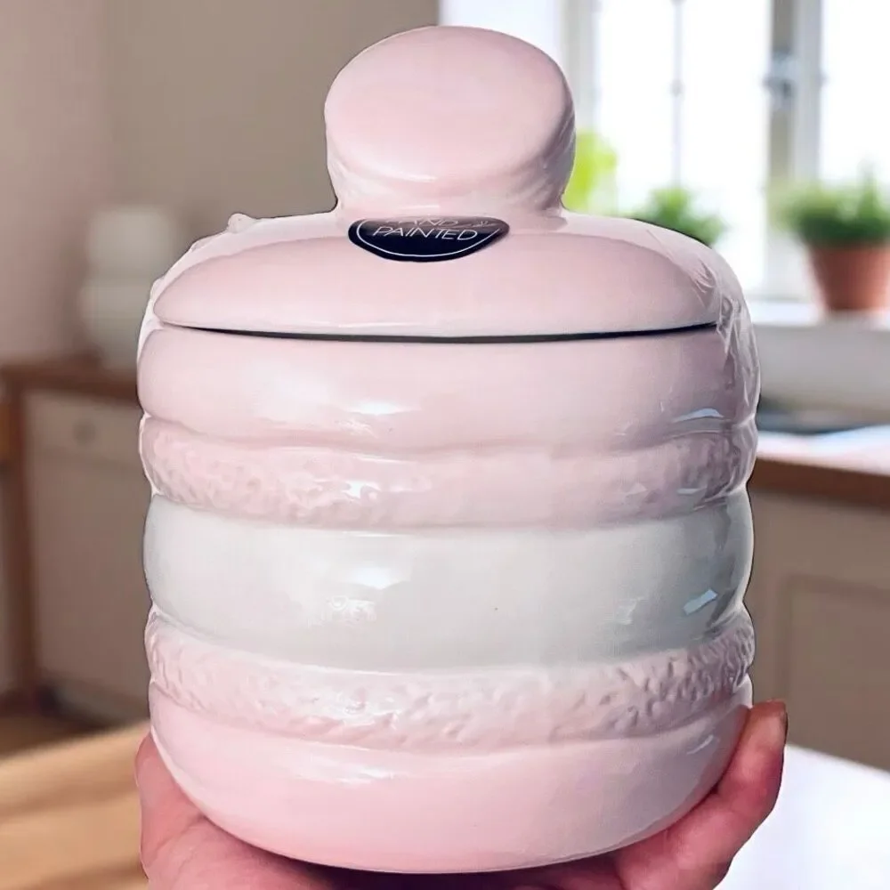 NWT LUNA & SAGE Gorgeous Macaron Pink White Glossy Ceramic 7”Canister Jar w Lid